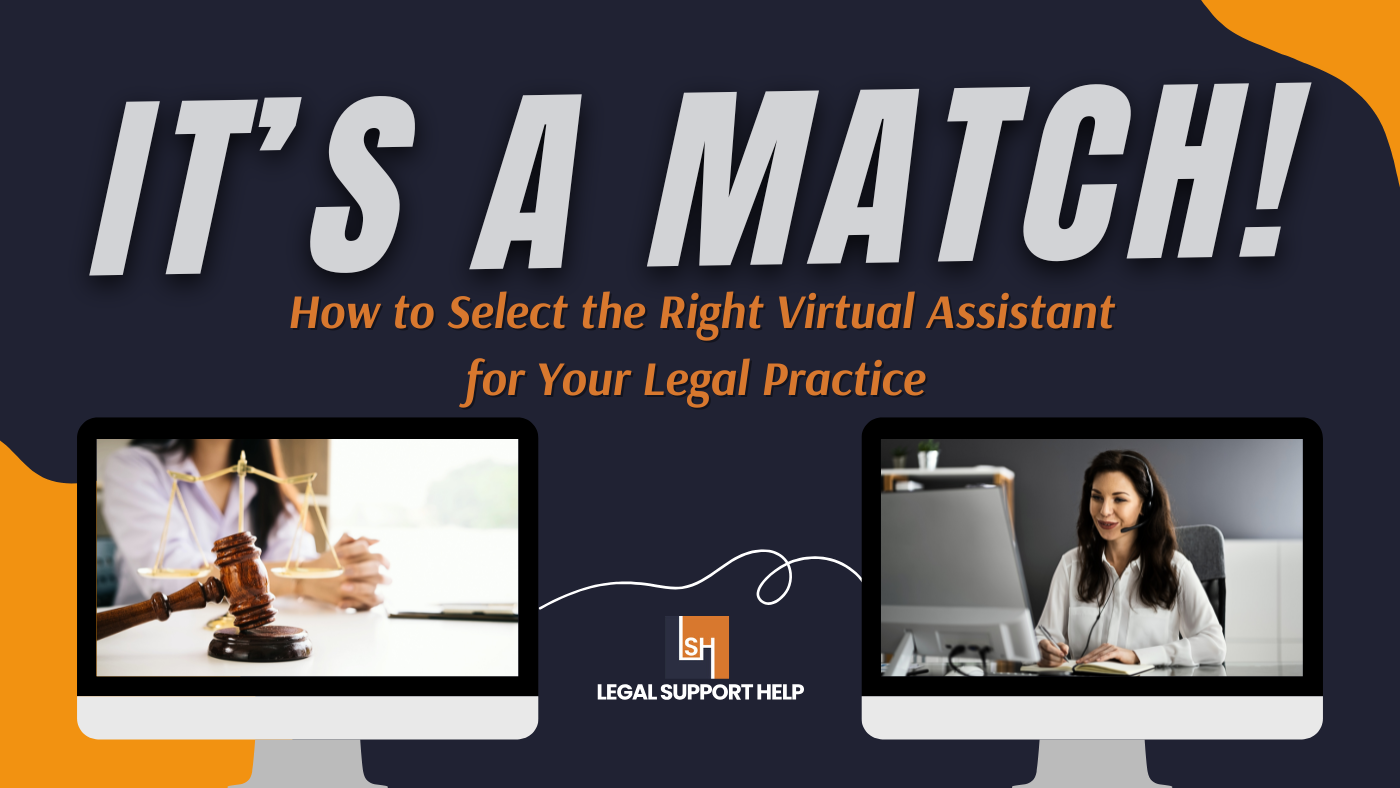 Two computer monitors connected by a cable—one showing legal symbols and the other showing a female virtual assistant—representing the concept of selecting a virtual assistant for legal practices.