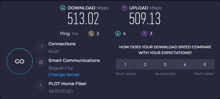 Internet speed test showing 513.02 Mbps download and 509.13 Mbps upload on PLDT Home Fiber via Smart Communications server