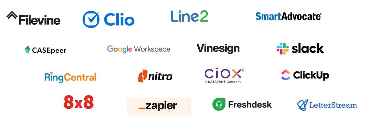Logos of software tools used by legal virtual assistants, including Filevine, Clio, SmartAdvocate, CASEpeer, Google Workspace, Slack, ClickUp, Zapier, and more.