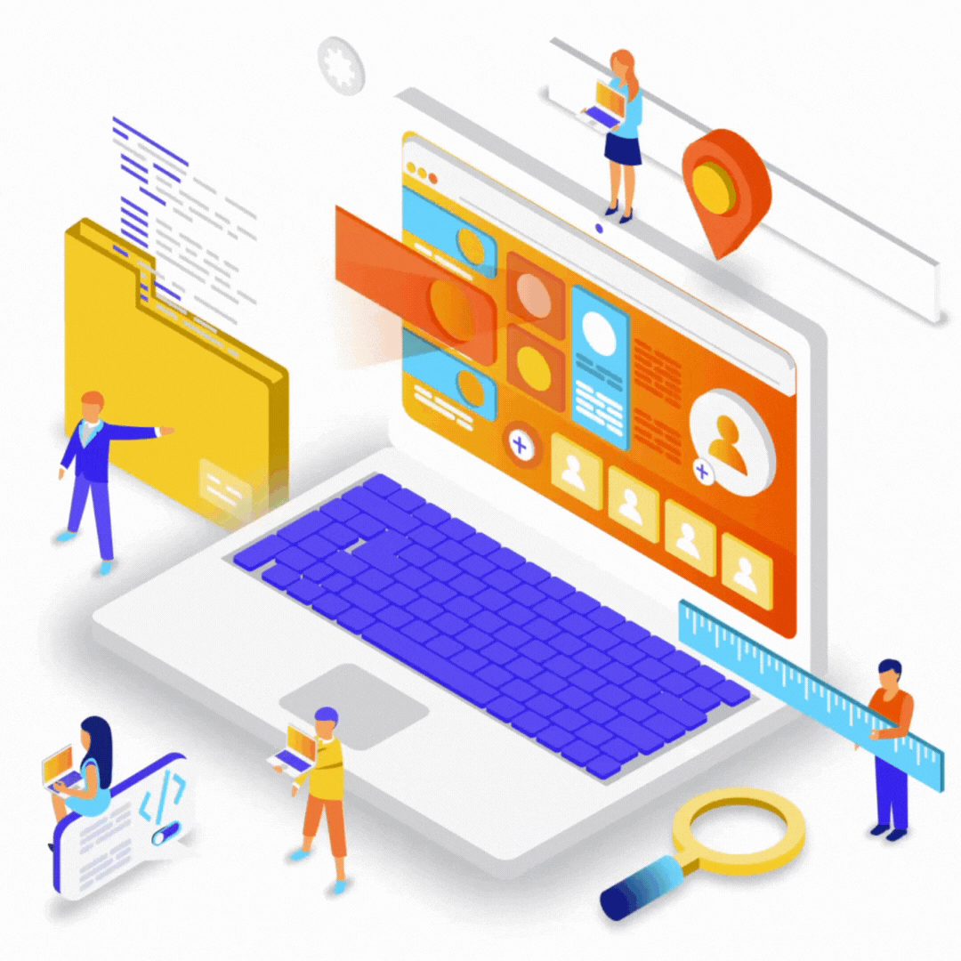Animated illustration of a legal case management dashboard, files, and team collaboration around a laptop symbolizing CRM software for law firms