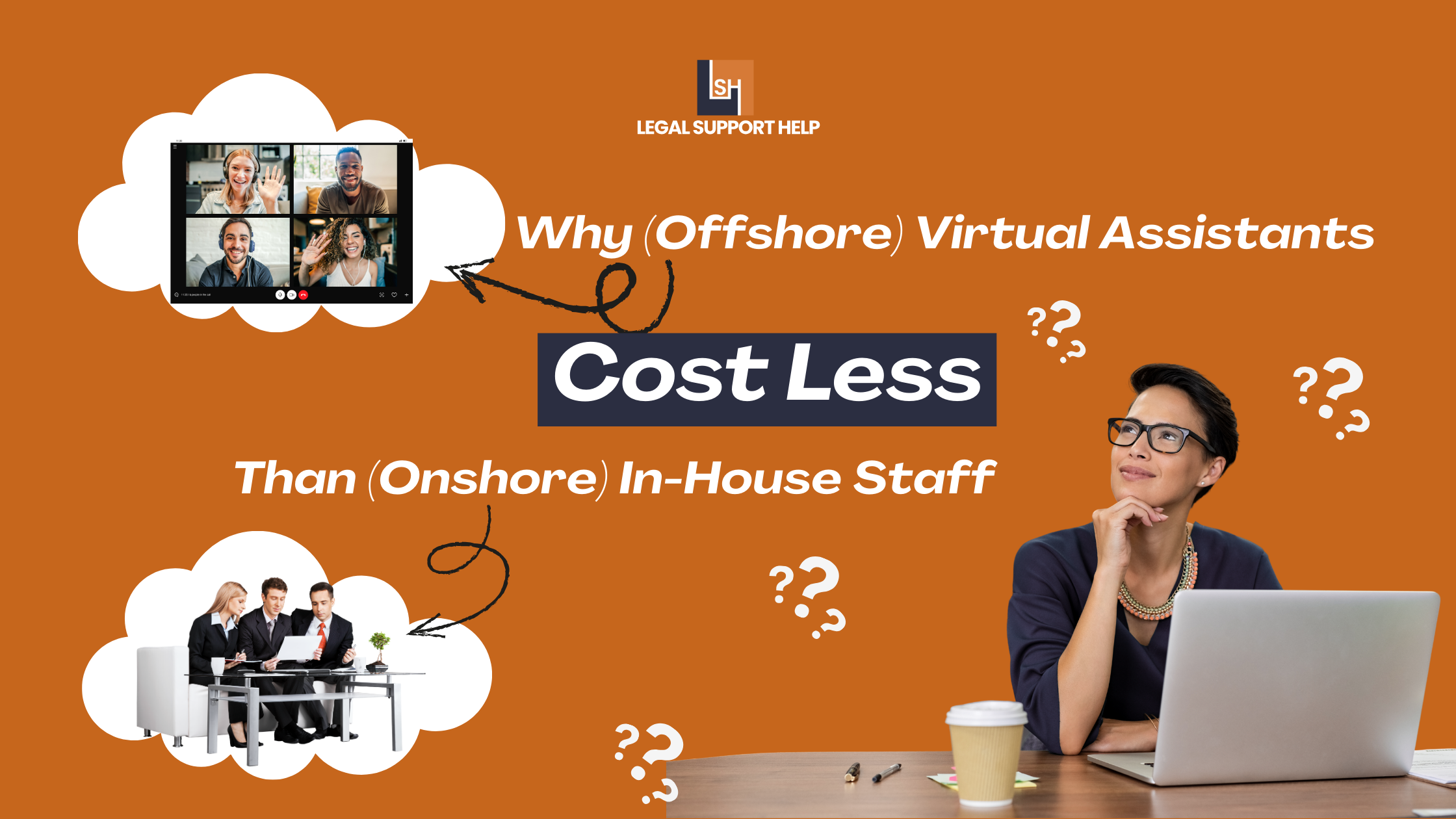 Offshore virtual assistants working remotely via video call save law firms money compared to onshore in-house staff.