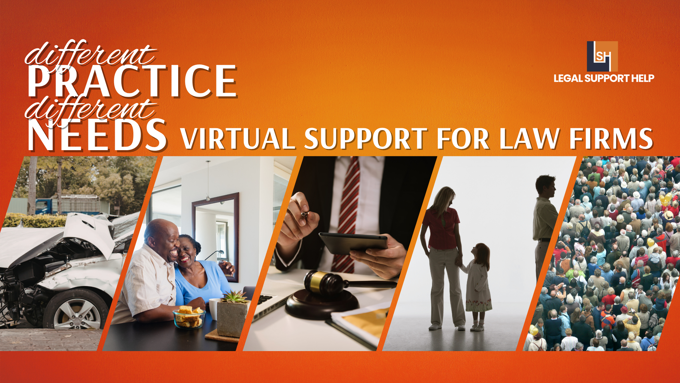 Virtual support for law firms banner showing personal injury, estate planning, litigation, family law, and mass tort practice areas